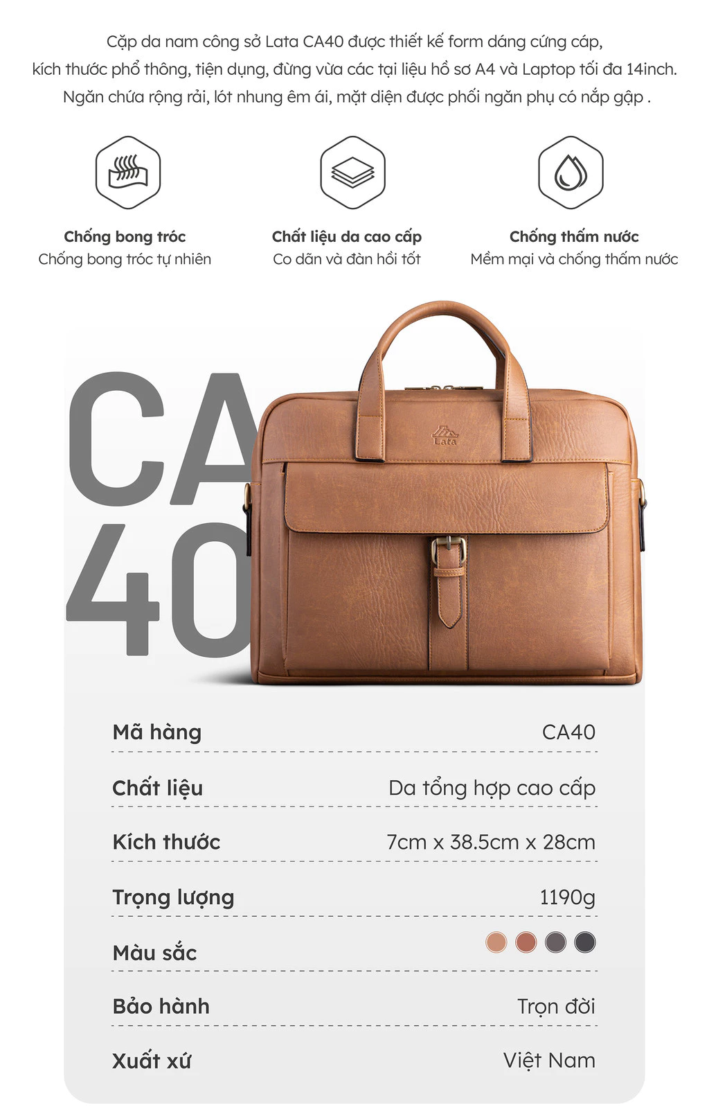 Cặp Công Sở Lata (Thời trang nam basic vừa laptop 14 inch - Cặp da CA40)
