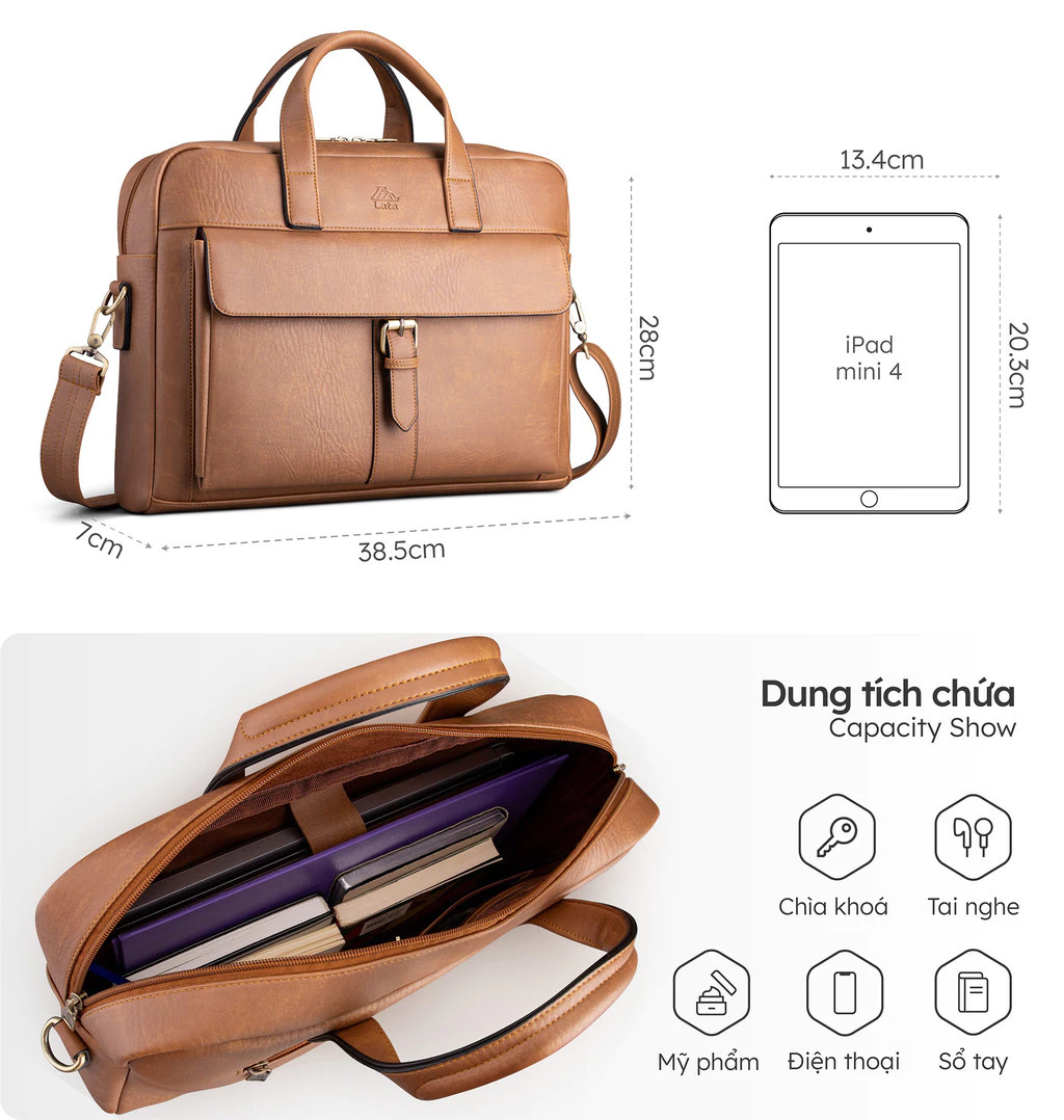 Cặp Công Sở Lata (Thời trang nam basic vừa laptop 14 inch - Cặp da CA40)