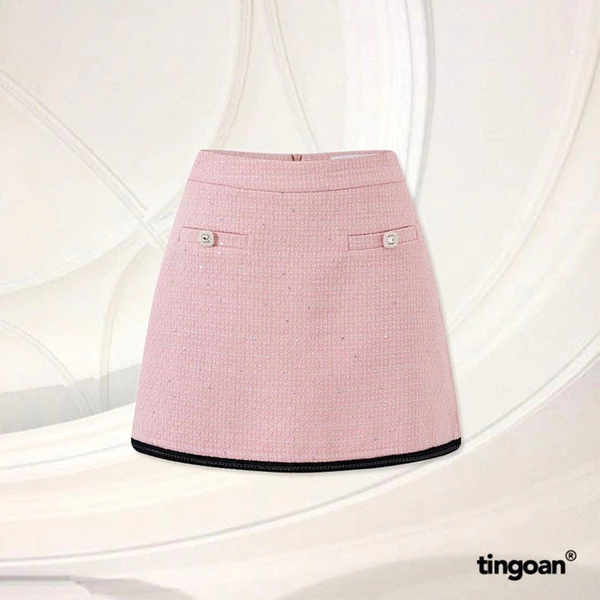 TINGOAN® - Chân váy tweed hồng cạp cao viền bện xích phối cúc ngọc CRYSTAL LADY SKIRT/PK