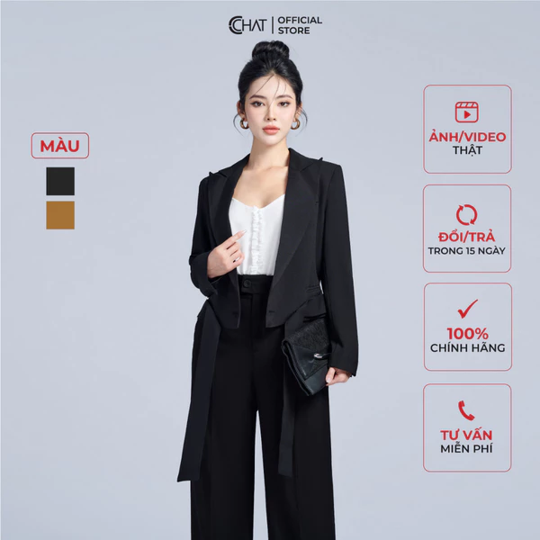 Áo Blazer Nữ 𝐂𝐂𝐇𝐀𝐓 Kiểu Ngắn Cạp Rời Cổ Ve Chất Tuytsi Cao Cấp Mềm Mịn 22EHS2015ST