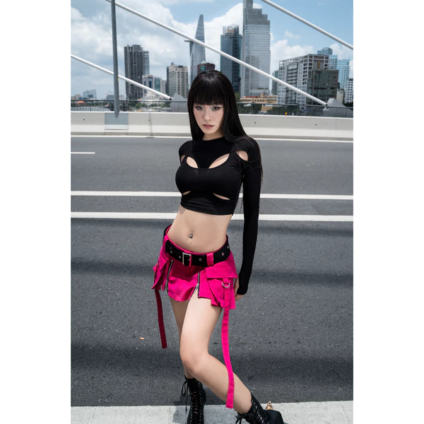LSOUL Set Áo Croptop Tay Dài Cutout + Chân Váy Cạp Trễ Phối Thắt Lưng Ciline Set A23072724CV23070656