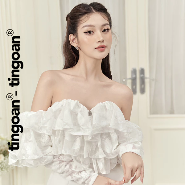TINGOAN® - Áo trễ vai croptop ren lưới trắng 2 lớp xếp tầng rủ bèo chun lưng co giãn YANG MI OFF/WH