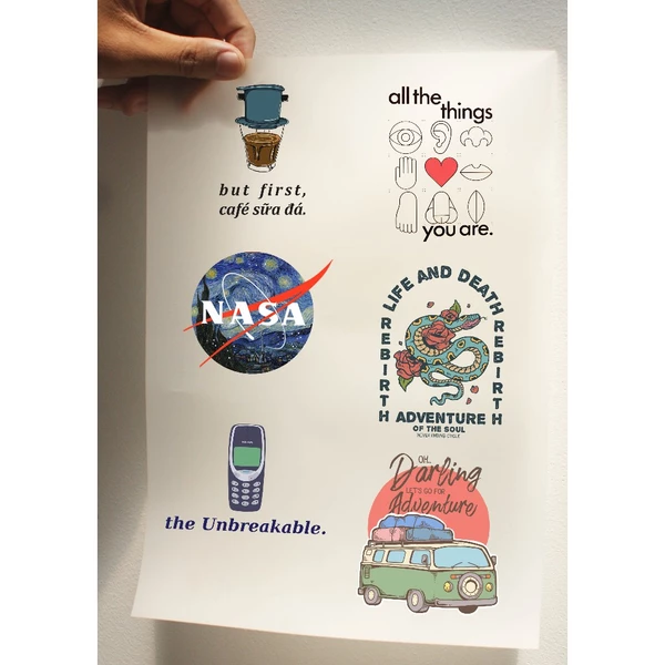 Sticker ủi áo, túi tote, balo khổ A4 in hình Funny và cool artwork bộ 6 miếng sticker kích thước 6.5cm x 8.5 cm