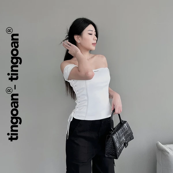 TINGOAN® - Áo corset phối tay trễ vai đan dây sườn đính logo TINGOAN® trắng UNSEEN TOP/WH