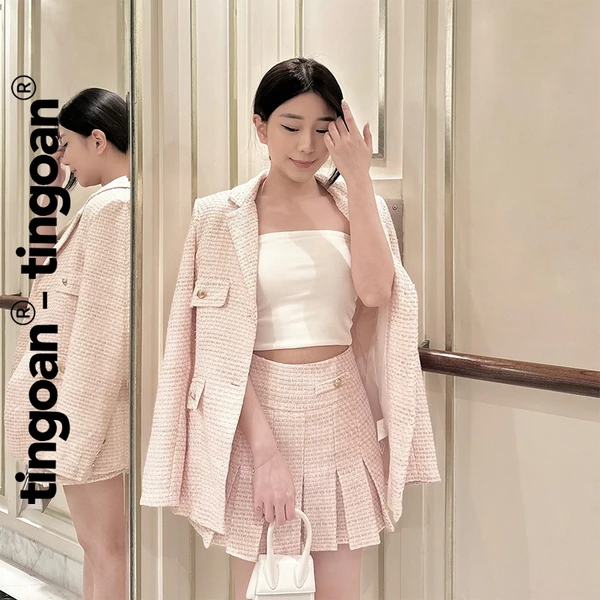 TINGOAN® - Áo khoác tweed blazer freesize TWEED đính cúc lấp lánh dáng dài 2 lớp hồng CHERRY CHAMPAGNE BLAZER/PK