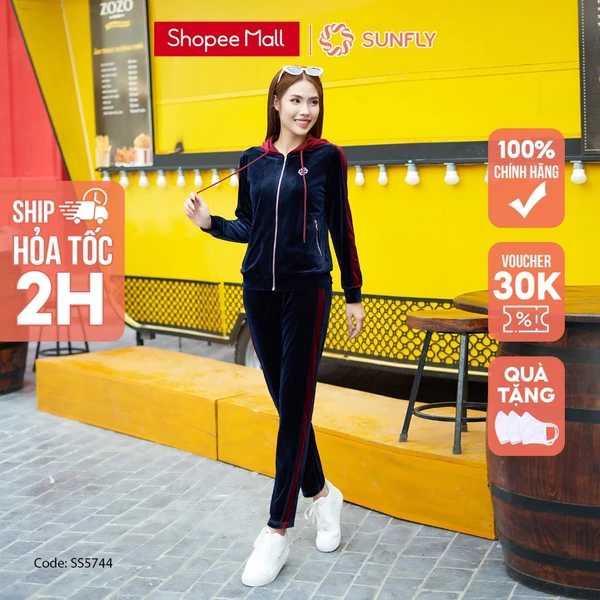 Bộ thể thao nhung SUNFLY kéo khóa có mũ áo dài quần dài SS5744