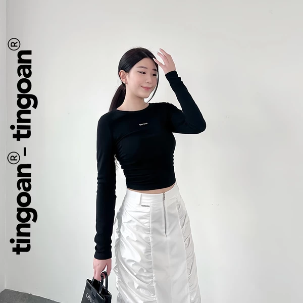 TINGOAN® - Áo dài tay co giãn cổ tròn chun hai bên thân đen EMI TOP/BL