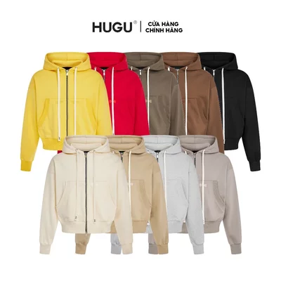 Áo khoác hoodie zip form boxy unisex thêu logo HUGU - BASIC BOXY ZIP HOODIE - khóa zip, vải chân cua