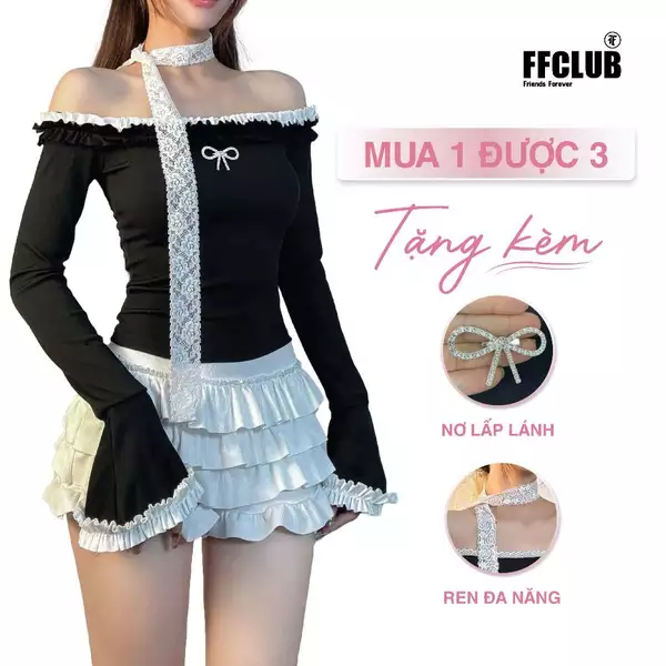 Áo body nữ kiểu Trễ vai Tay Loe MINA Phong cách Coquette FFCLUB mix