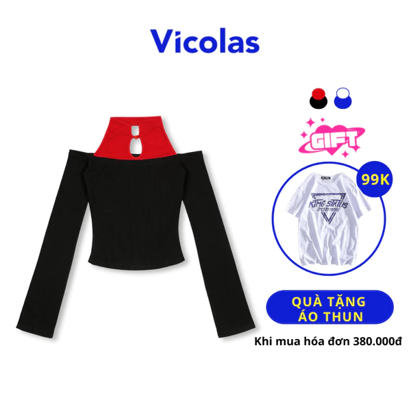 Áo croptop nữ hở vai thiết kế phối màu tay dài Vicolas chất liệu thu gân co giãn - VICO35