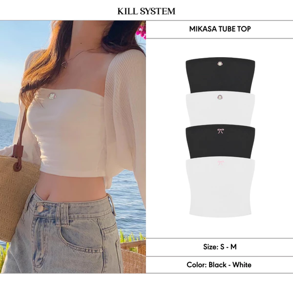 Áo quây Kill System Mikasa áo ống hình thêu thỏ và nơ màu trắng đen