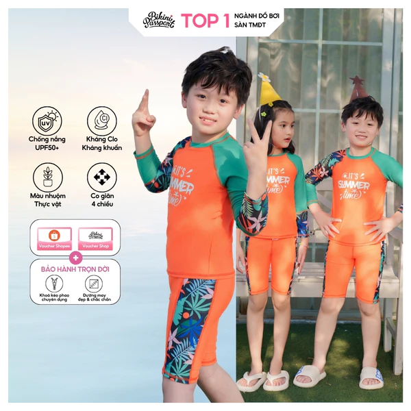 Đồ bơi áo tắm em bé BIKINI PASSPORT KID - kiểu unisex dạng quần lửng, áo có tay - màu Đen - KD046_BL