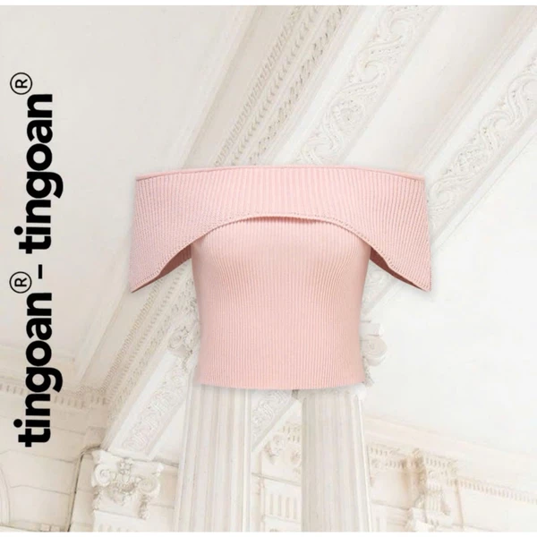 TINGOAN® - Áo trễ vai len xù croptop hồng lượn viền vòm ngực MISSY TOP/PK