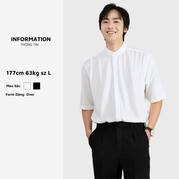 Áo sơ mi cổ tàu ARMCEO ngắn tay form rộng cách điệu chất liệu lụa Korea  -S08