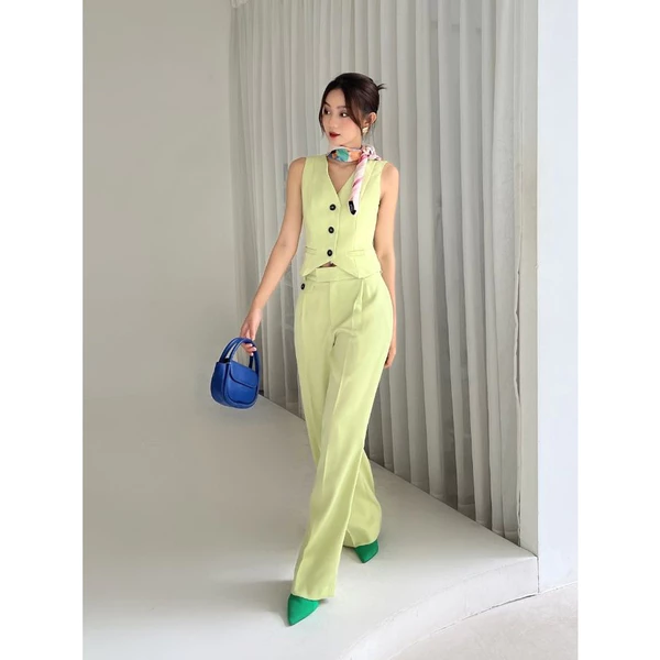 COCO SIN - Quần Ống Rộng Xanh Đính Nút