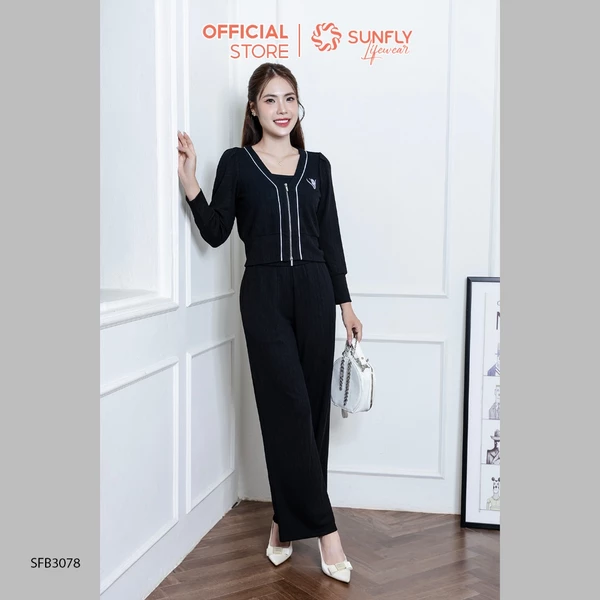 Bộ len set 3: Áo dài tay kéo khoá, áo 2 dây, quần suông dài SFB3078