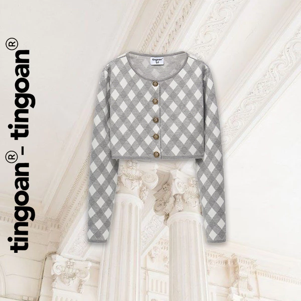TINGOAN®  - Áo cardigan set len xù crop kẻ quả trám có quây xám tingoan LOVE YOU BACK CARDIGAN/GR PHIÊN BẢN MỚI T6.2026