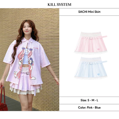 Chân váy ngắn xếp ly kèm belt Sachi KillSystem hai tầng phối viền ren hình thêu trái tim