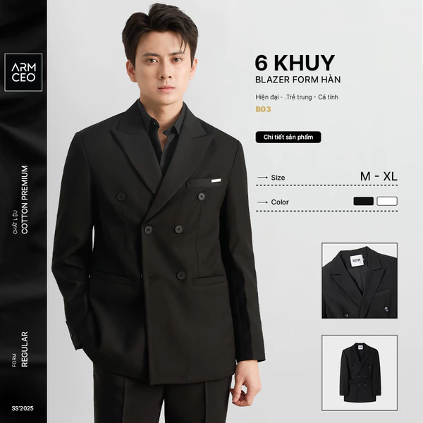 Áo blazer nam nữ ARMCEO 6 khuy form dáng chuẩn Hàn Quốc vải cotton hàn -B03