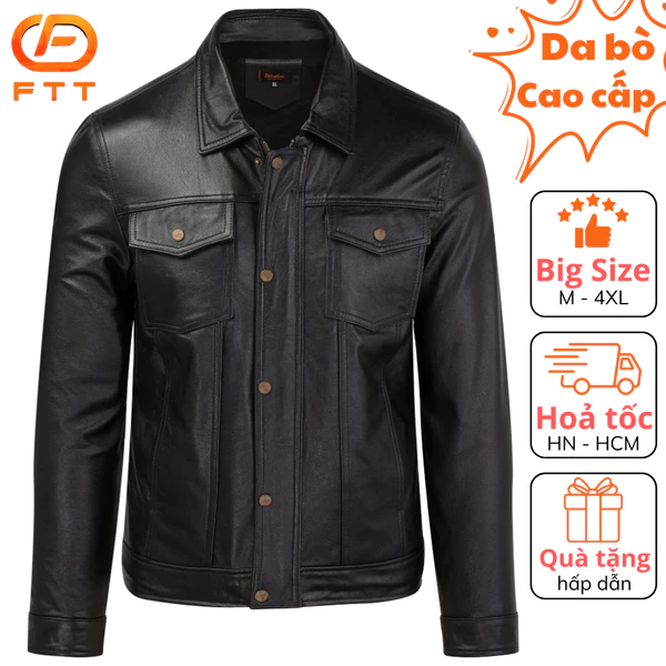 Áo khoác da bò nam Trucker Jacket cao cấp FTT Leather da thật bền bỉ không bong, tróc, nổ AD405B