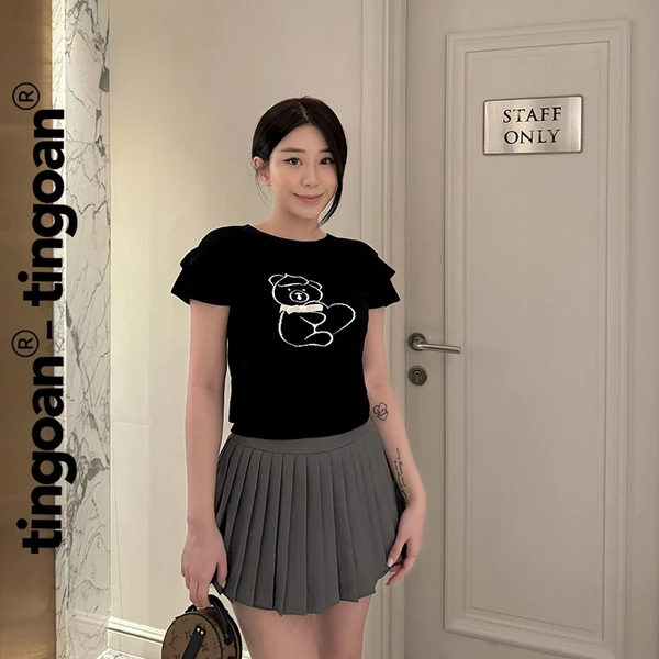 TINGOAN® x KOL - Áo len xù dáng lửng ngắn tay thêu hình gấu BABY BEAR TOP