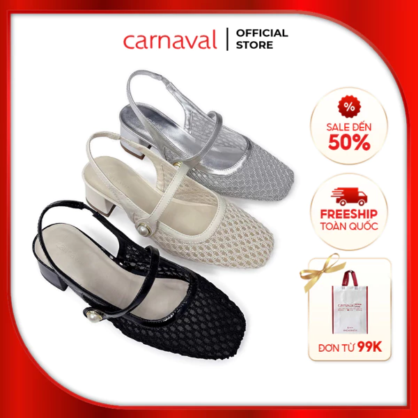 Giày Sandal Bít Mũi Nữ Carnaval Lưới Phối Quai Ngang Đính Ngọc Gót Vuông 4cm Sang Trọng - VS161