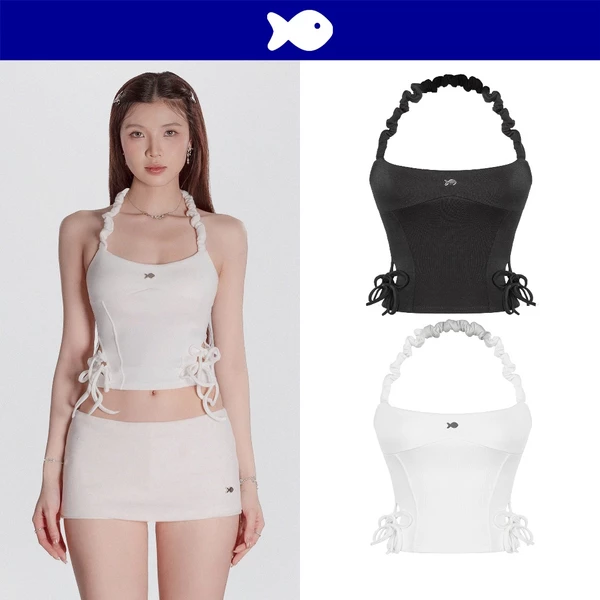 Áo cổ yếm hở lưng dáng croptop DKMV dây cổ nhún chun khoét eo phối dây thắt nơ điệu đà logo cá inox Grace Top | K-T55