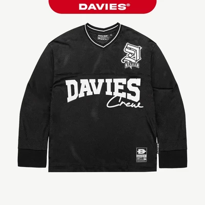 Áo phông dài tay nam nữ thun lưới DAVIES form rộng cổ V hoạ tiết hình in phối logo thêu màu đen Crew Jersey  |D-T46