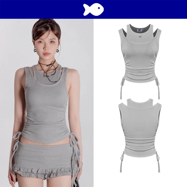 Áo croptop kiểu ba lỗ nữ ôm dáng DKMV thiết kế dây rút thắt nơ thân áo đáng yêu màu xám logo inox Cá Phedra Top| K-T16-X
