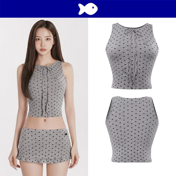 Áo croptop nữ kiểu họa tiết trái tim DKMV buộc nơ thiết kế ba lỗ thun ôm nữ màu xám đáng yêu Heart Top | K-SET11-T-X