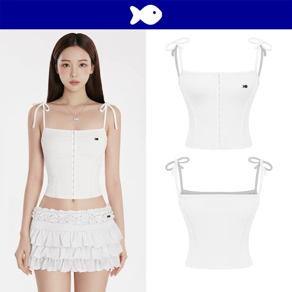 Áo croptop nữ trắng dáng 2 dây corset DKMV thắt nơ vai xinh xắn phối viền ren đính logo cá thun 2 da Angel Top | K-T50-T