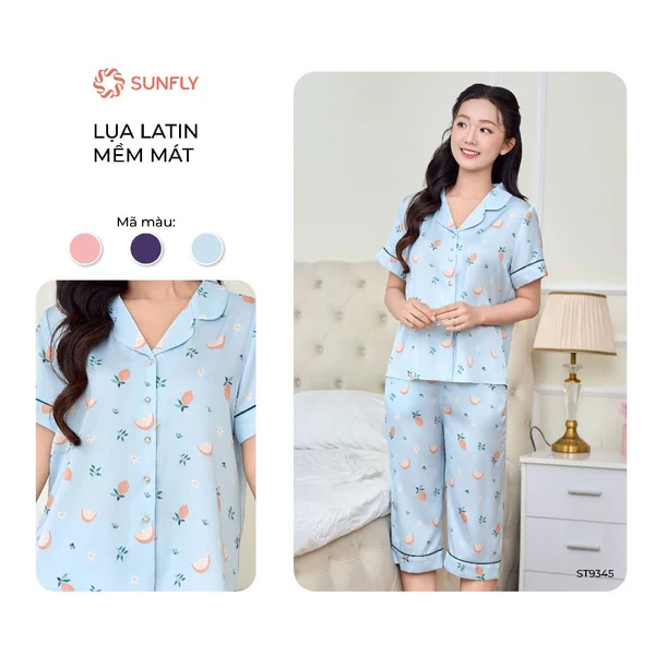 Bộ pijama nữ hè form gọn áo cộc quần ngố lụa latin chất vải mềm mướt thoải mái SUNFLY ST9345