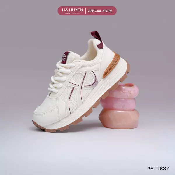Giày thể thao nữ Sneaker HÀ HUYỀN dây buộc da lì phối lưới hông vạch độn đế 5cm - TT887
