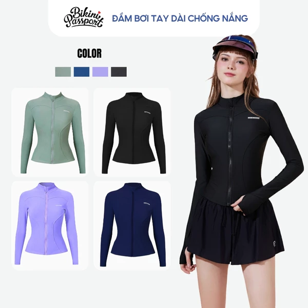 Áo bơi kín nữ tay dài có khoá chống nắng đi biển - Bikini Passport - BS525_BL