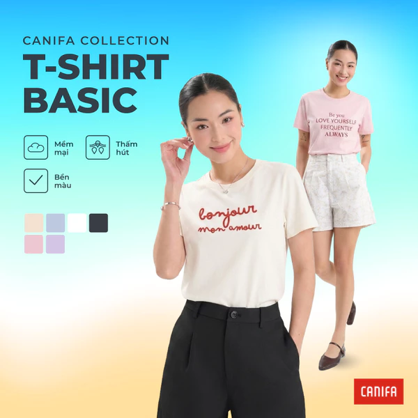 Áo phông nữ CANIFA áo phông cộc tay cổ tròn in họa tiết chất cotton mềm mại PS26 6TS26S005