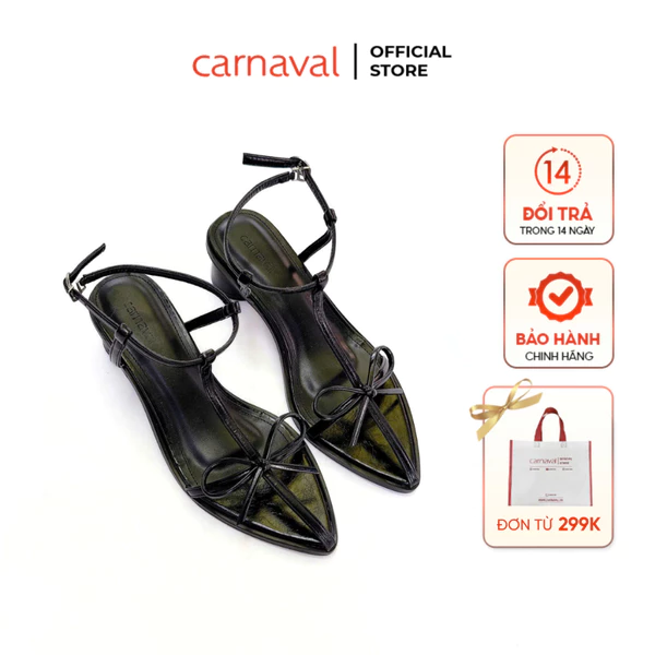 Sandal Quai Mảnh Nữ Mũi Nhọn Đính Nơ Carnaval Kiểu Dáng Sang Trọng, Gót Tròn 3cm - VS138