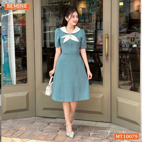 Đầm thiết kế BEMINE cổ trụ phối nơ lá dáng chữ A phù hợp đi làm-MT10079