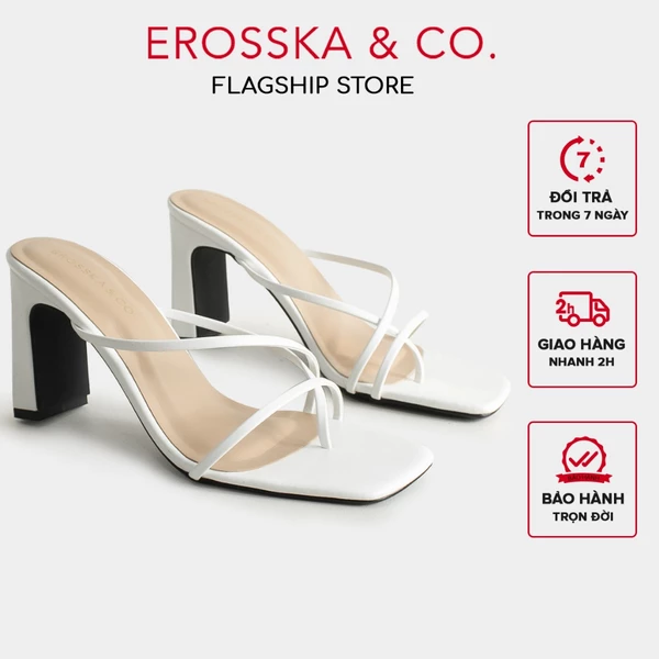 Erosska - Dép cao gót thời trang mũi vuông phối dây quai mảnh cao 8cm màu trắng - EM101