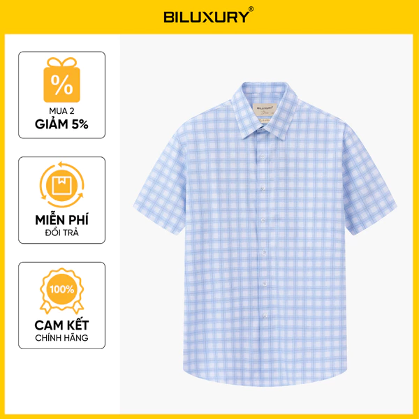 Áo Sơ Mi Ngắn Tay Xanh 1SMCC640XAH Biluxury For BOSS Thiết Kế Caro Cao Cấp