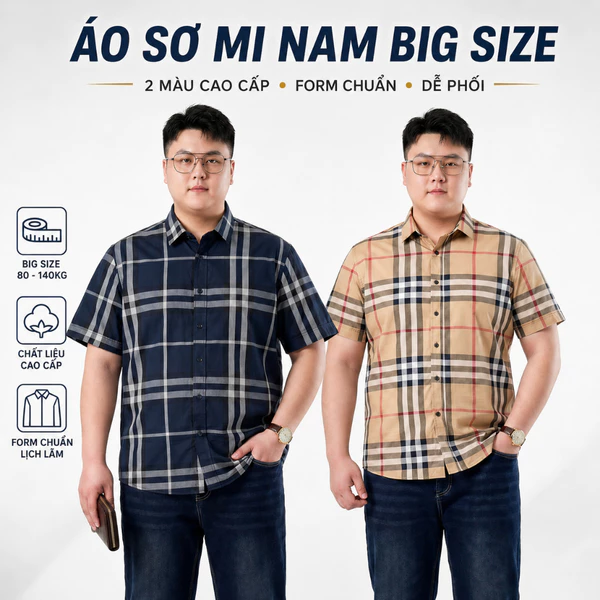 Áo Sơ Mi Cộc Tay Bigsize Nam 80-130kg AKYOO Cao Cấp, Co Giãn, Không Bai Mờ, Không Gây Khó Chịu - SM A THAN , A NAU