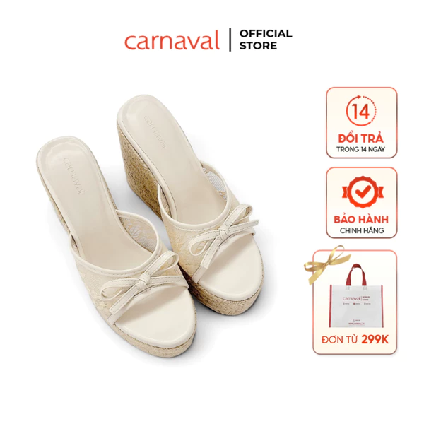 Dép Nữ Đế Xuồng Bọc Cói Carnaval Ren Lưới Đính Nơ, Gót Cao 11cm Dịu Dàng Sang Trọng - VS206