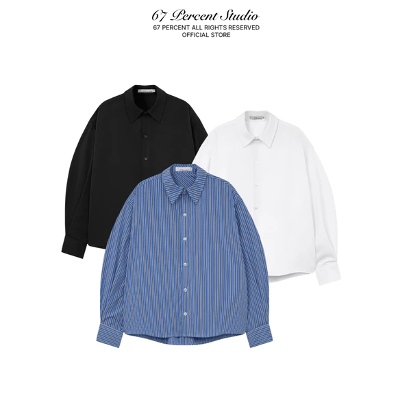 Áo Sơ Mi Dáng Rộng Tay Phồng Chất Liệu Kate Màu (Trắng / Đen / Kẻ Sọc) 67PERCENT - CONTOUR CUT SHIRT