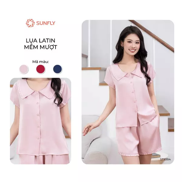 Bộ mặc nhà pijama nữ SUNFLY lụa satin áo cộc quần sooc ST9384