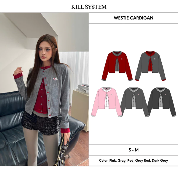 𝐊𝐈𝐋𝐋 𝐒𝐘𝐒𝐓𝐄𝐌 - Áo cardigan phối layer hai màu thun gân WESTIE hình thêu cún con