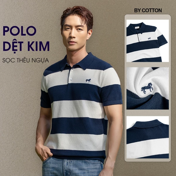 Áo Polo Dệt Kim Nam Cao Cấp Thêu Ngựa Sọc Trắng - Xanh Đen – BY COTTON