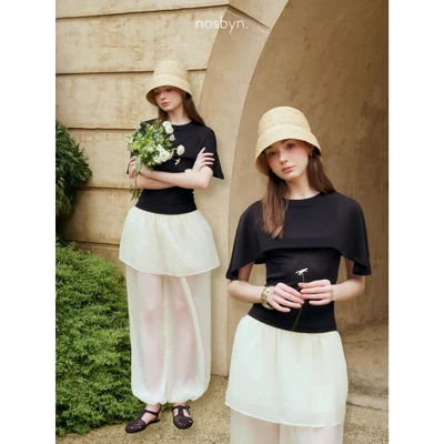 Nosbyn - Áo Thun Cách Điệu Cổ Tròn - Cape Overlay Top