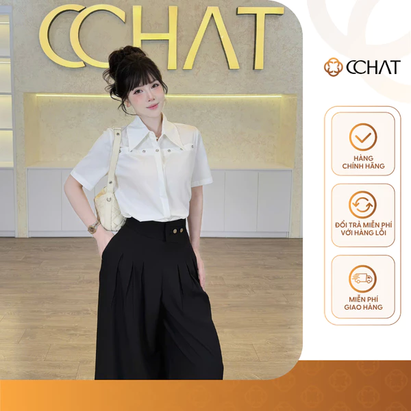 Áo Sơ Mi Nữ 𝐂𝐂𝐇𝐀𝐓 Dáng Suông Atelier Fiora Đính Khuy Trang Trí Chất Liệu Thô Bamboo Cao Cấp 16FNT9130ST