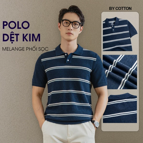 Áo Polo Dệt Kim Nam Cao Cấp Dệt Melange Sọc Đôi - BY COTTON