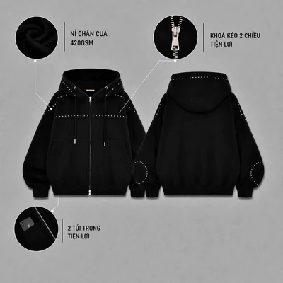 Áo Hoodie Zip Stud REGODS Oversize Đính Đinh Tán Bạc – Hoodie Zip Y2K Form Rộng Unisex localbrand