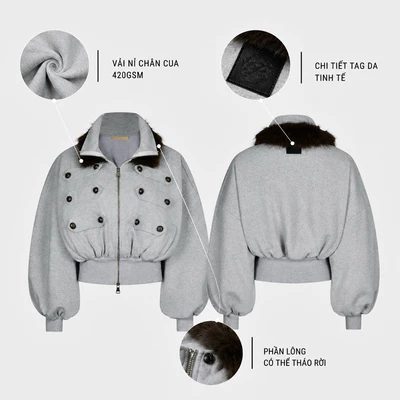 Áo khoác nỉ basic REGODS COURT JACKET form cropped tay phồng 420GSM - màu xám tiêu chất nỉ chân cua cao cấp dày dặn